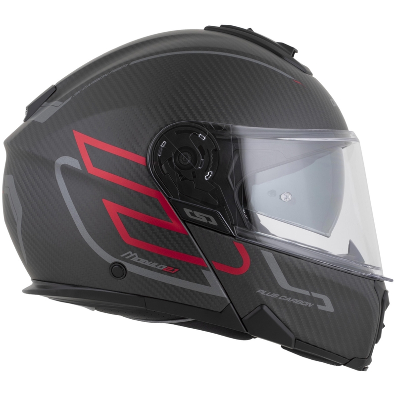 Klappbarer Motorradhelm Cassida Modulo 2.1 Plus Carbon BlackOut, matt schwarz-metallic rot-reflektierend silber-schwarz