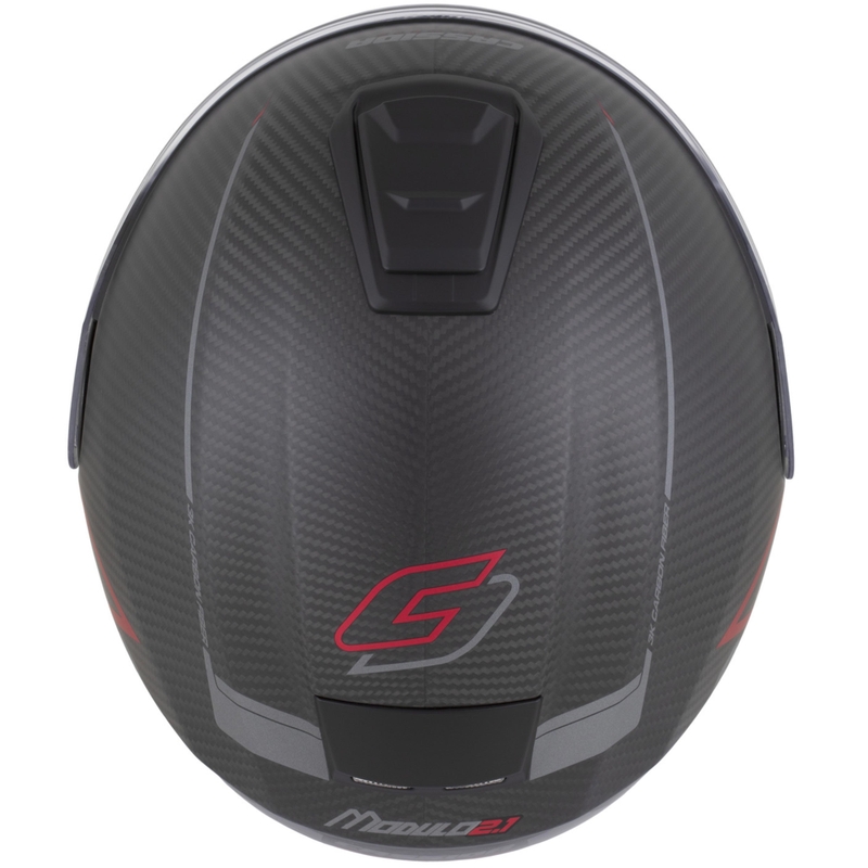 Klappbarer Motorradhelm Cassida Modulo 2.1 Plus Carbon BlackOut, matt schwarz-metallic rot-reflektierend silber-schwarz