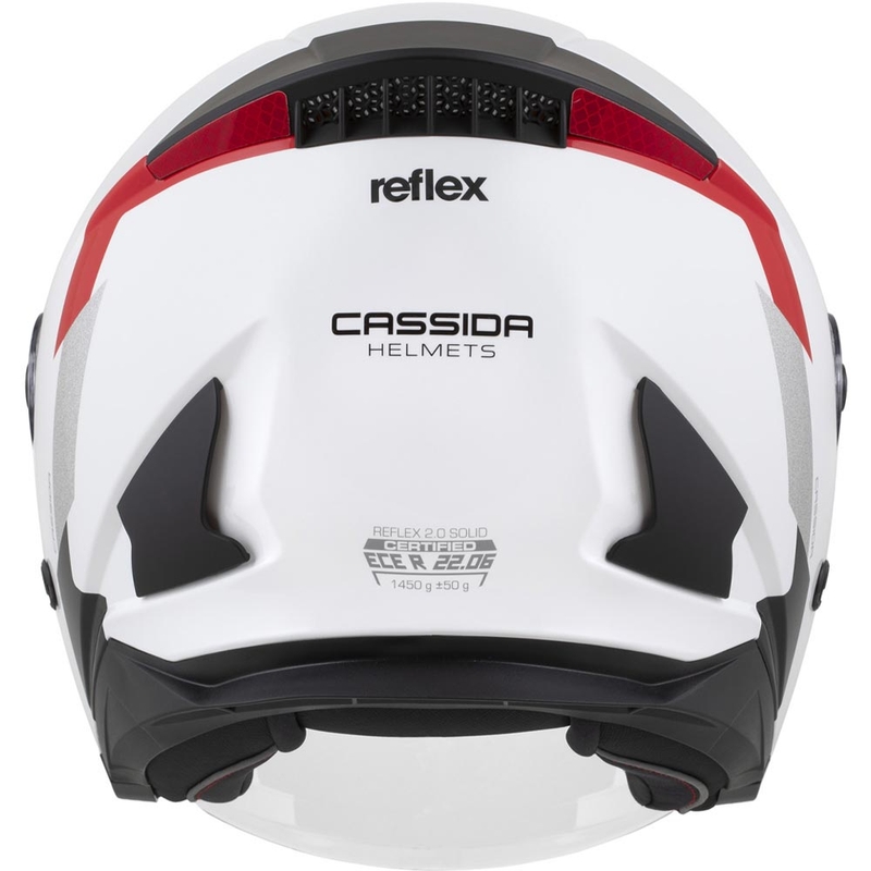 Cassida Reflex 2.0 Sicherheits-Motorradhelm mit offenem Visier, weiß-rot-grau-reflektierend silber
