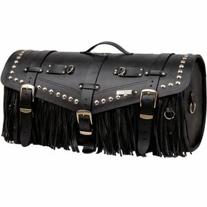 Motorradkoffer aus Leder mit Schloss, Nieten und Fransen, Modell RSA K183, schwarz