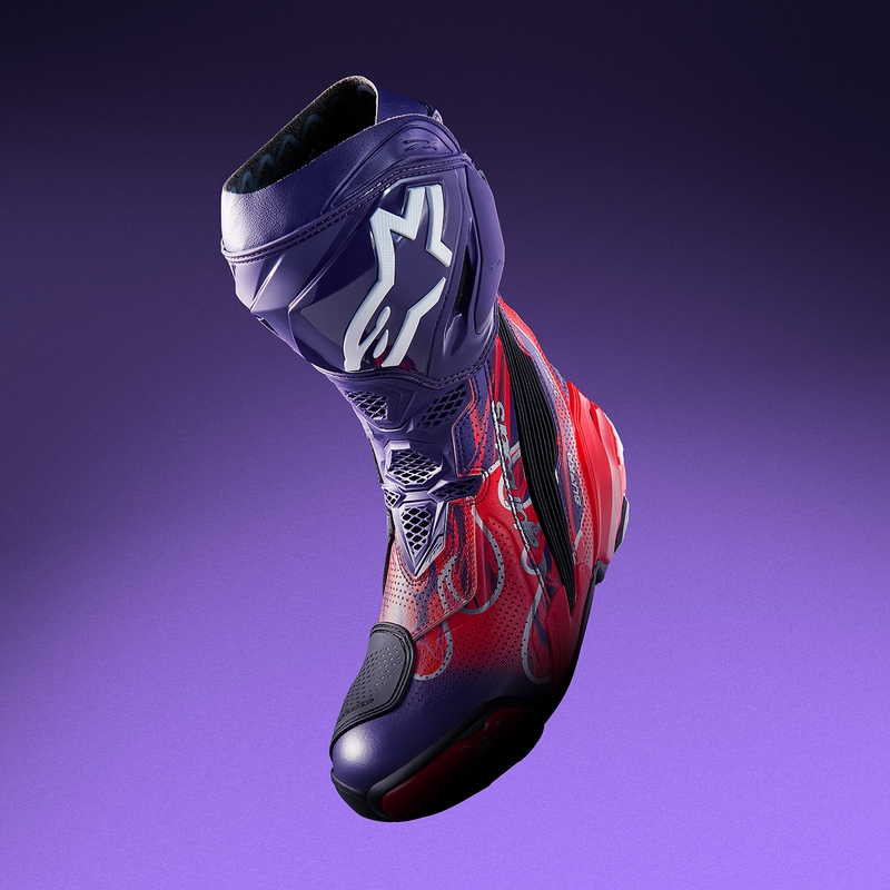 Alpinestars Supertech R Vented Flyte Motorradstiefel, limitierte Edition, Jorge Martin, lila-rot-schwarz