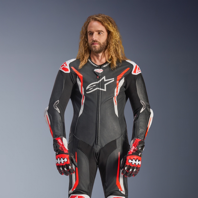 Alpinestars GP TECH V5 Einteiler-Motorradkombi aus Leder, schwarz-weiß-fluoreszierend rot