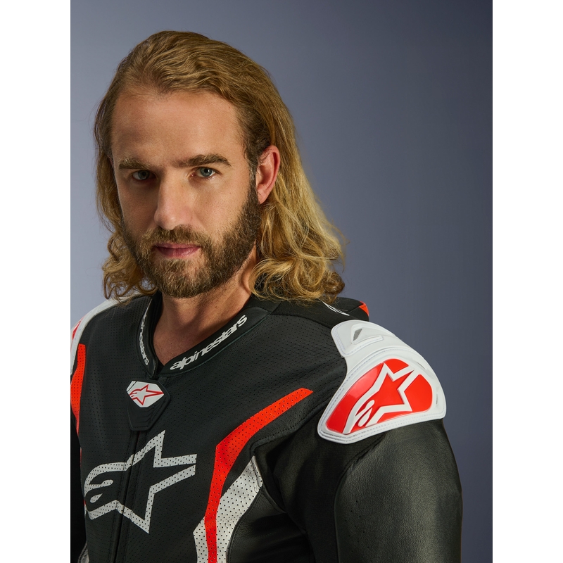 Alpinestars GP TECH V5 Einteiler-Motorradkombi aus Leder, schwarz-weiß-fluoreszierend rot