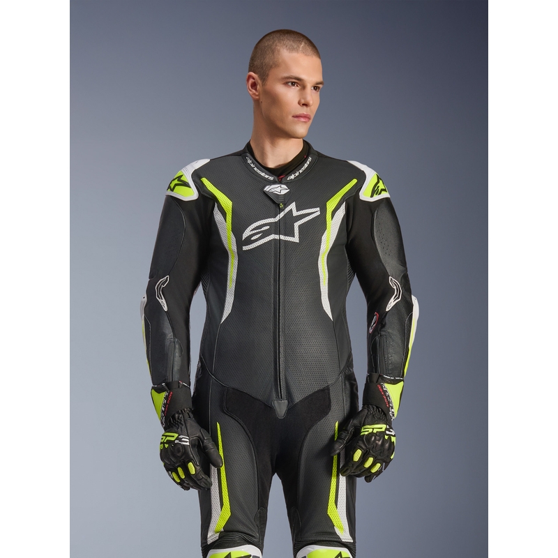 Alpinestars GP TECH V5 Einteiler-Motorradkombi aus Leder, schwarz-weiß-fluoreszierend gelb