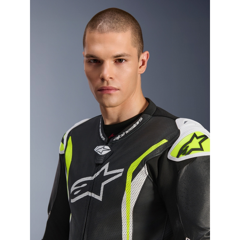 Alpinestars GP TECH V5 Einteiler-Motorradkombi aus Leder, schwarz-weiß-fluoreszierend gelb