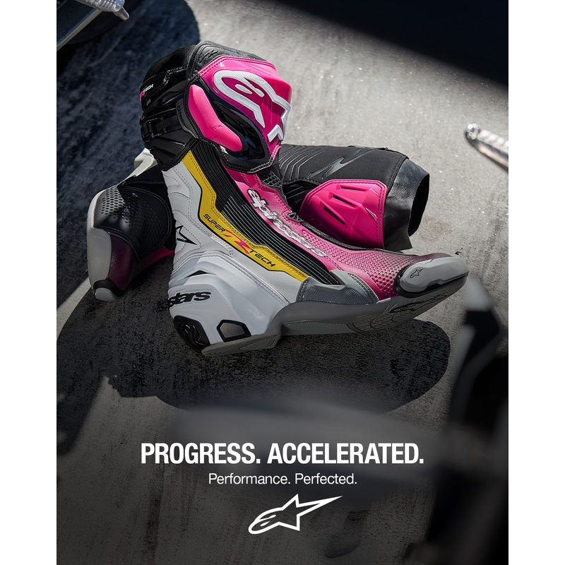 Alpinestars Supertech R Motorradstiefel schwarz-weiß-rosa-gelb