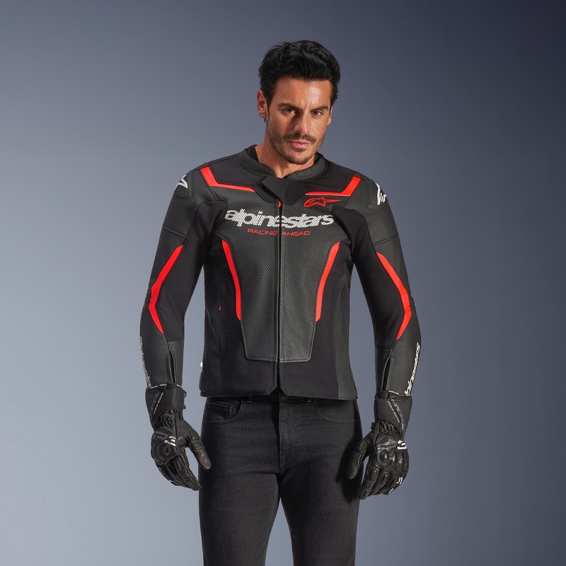 Alpinestars GP Force V2 Airflow Motorradjacke aus Leder, schwarz-fluoreszierend rot-weiß