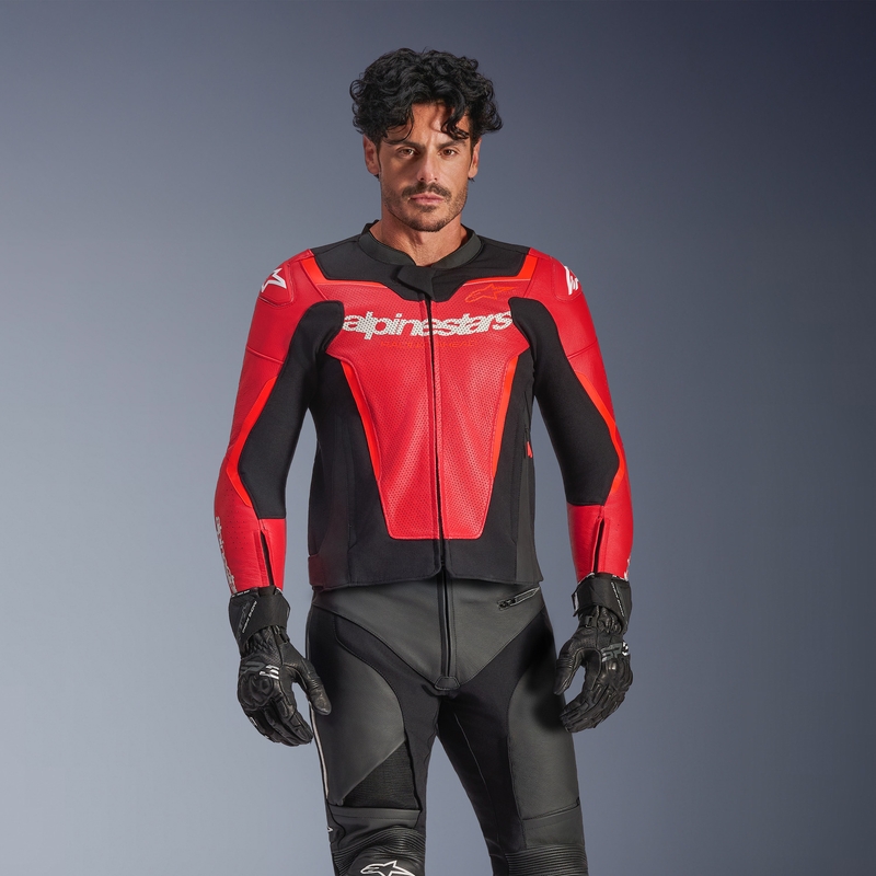 Alpinestars GP Force V2 Airflow Motorradjacke aus Leder, fluoreszierend rot-schwarz-weiß