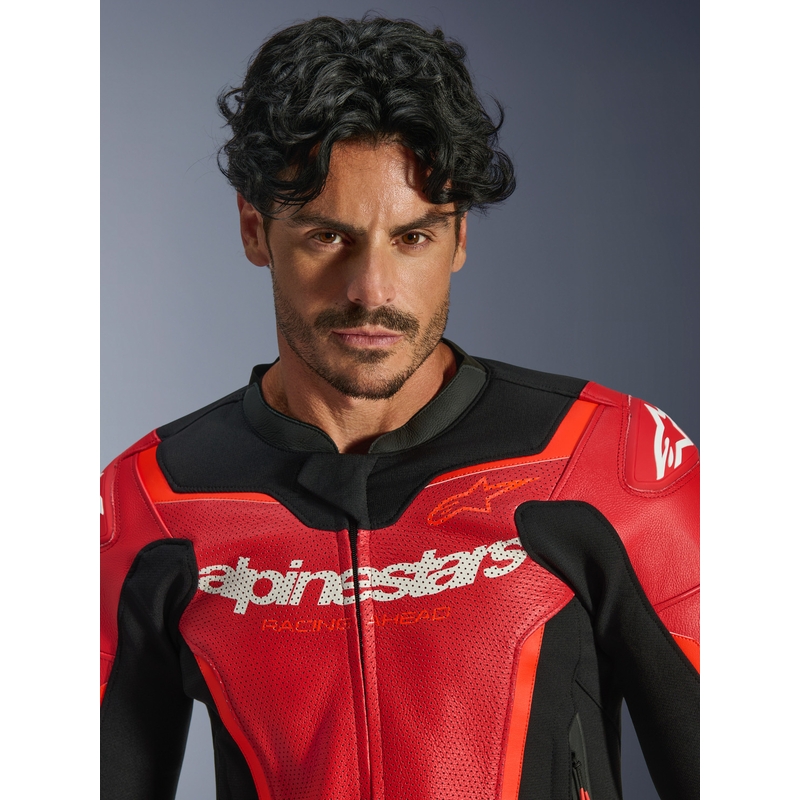 Alpinestars GP Force V2 Airflow Motorradjacke aus Leder, fluoreszierend rot-schwarz-weiß