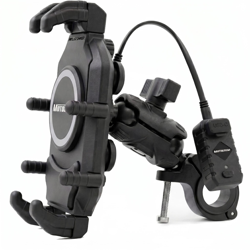 MotoZem Claw PRO Antivibrationshalterung mit kabellosem Ladegerät und USB-C-Anschluss, schwarz