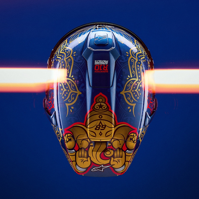 Alpinestars Supertech R10 Marthainator Limited Edition Integralhelm, limitiert von JORGE MARTIN, Modell Blue Pearl, Gold Red
