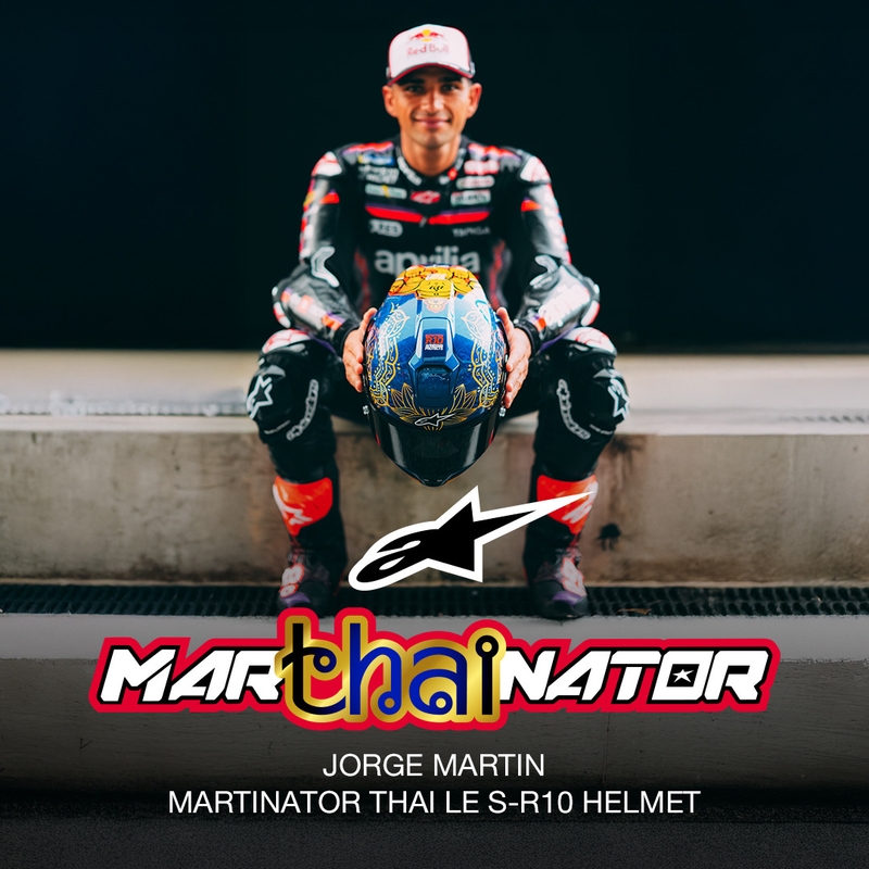 Alpinestars Supertech R10 Marthainator Limited Edition Integralhelm, limitiert von JORGE MARTIN, Modell Blue Pearl, Gold Red