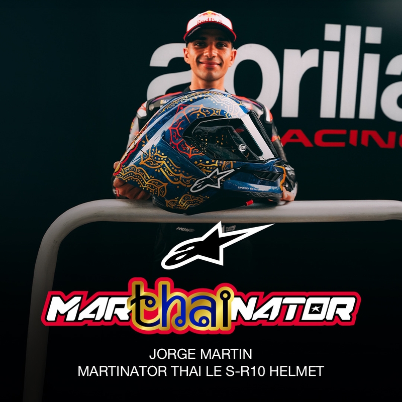 Alpinestars Supertech R10 Marthainator Limited Edition Integralhelm, limitiert von JORGE MARTIN, Modell Blue Pearl, Gold Red