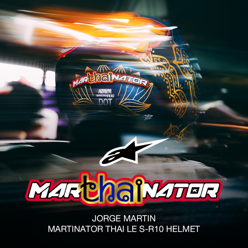 Alpinestars Supertech R10 Marthainator Limited Edition Integralhelm, limitiert von JORGE MARTIN, Modell Blue Pearl, Gold Red