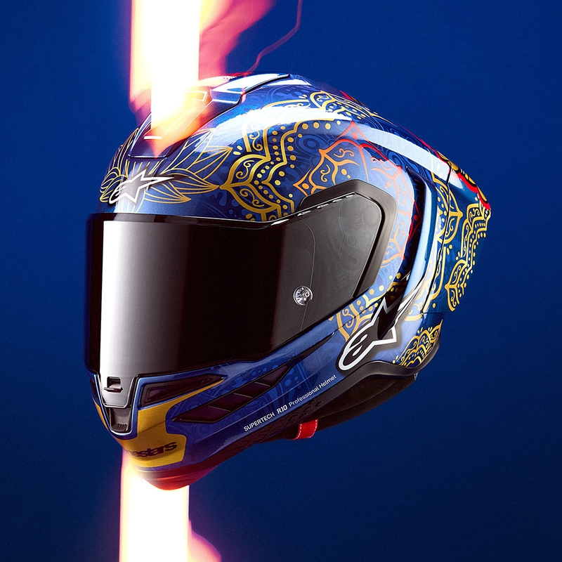 Alpinestars Supertech R10 Marthainator Limited Edition Integralhelm, limitiert von JORGE MARTIN, Modell Blue Pearl, Gold Red