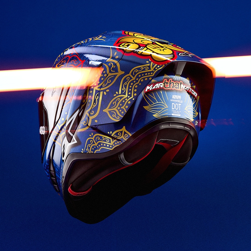 Alpinestars Supertech R10 Marthainator Limited Edition Integralhelm, limitiert von JORGE MARTIN, Modell Blue Pearl, Gold Red