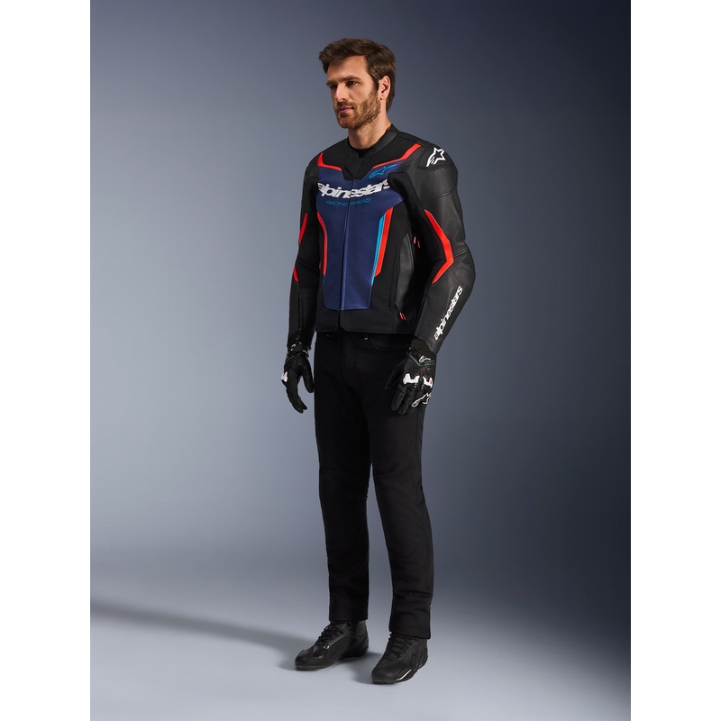 Alpinestars GP Force V2 Leder-Motorradjacke, schwarz-blau-fluoreszierend rot