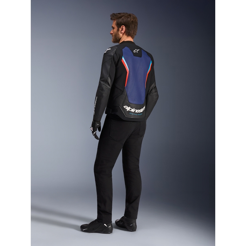 Alpinestars GP Force V2 Leder-Motorradjacke, schwarz-blau-fluoreszierend rot