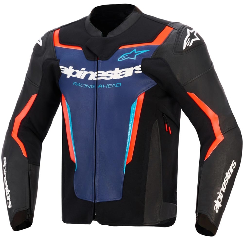 Alpinestars GP Force V2 Leder-Motorradjacke, schwarz-blau-fluoreszierend rot