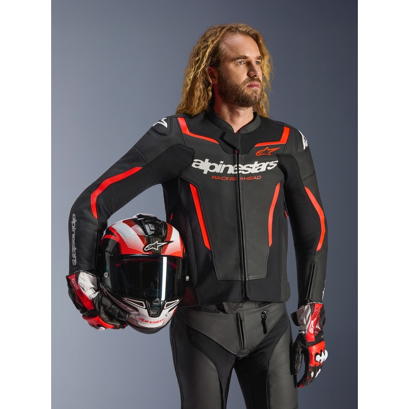 Alpinestars GP Force V2 Leder-Motorradjacke, schwarz-fluoreszierend rot-weiß