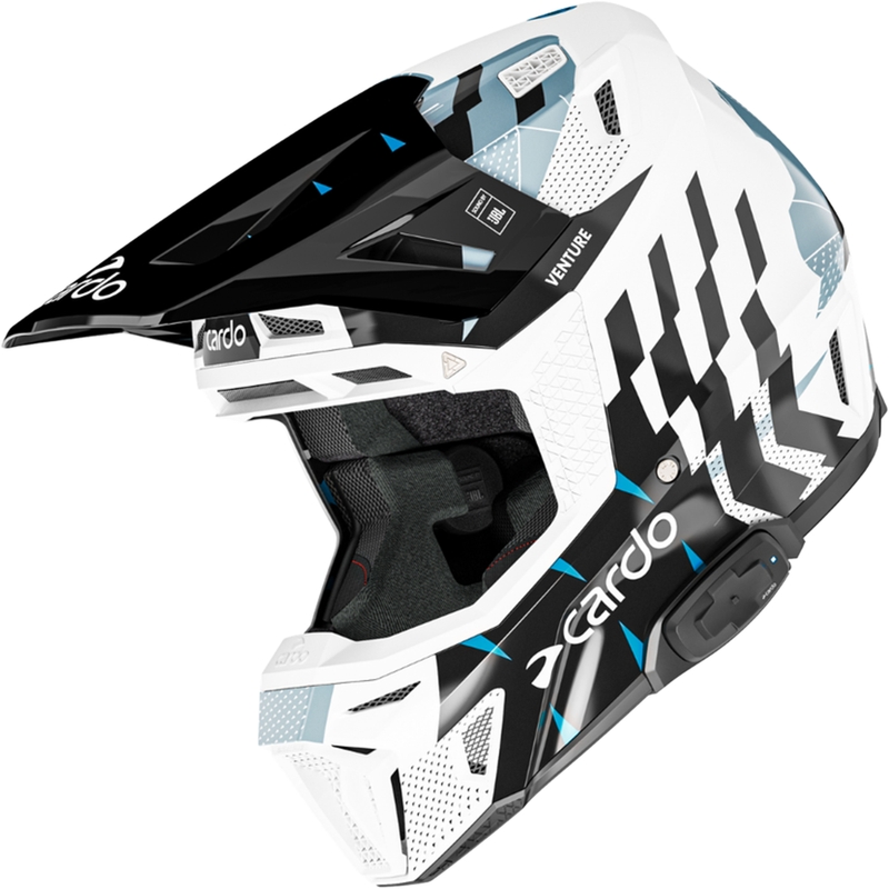 Motocross-Helm mit Gegensprechanlage Cardo Venture schwarz-weiß-grau
