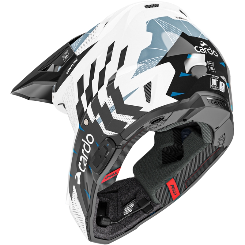 Motocross-Helm mit Gegensprechanlage Cardo Venture schwarz-weiß-grau