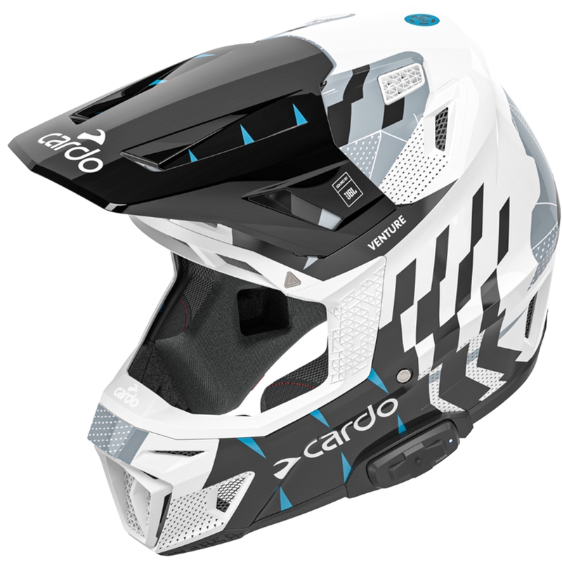 Motocross-Helm mit Gegensprechanlage Cardo Venture weiß-schwarz-blau