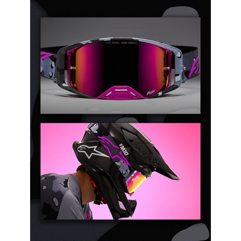 Alpinestars Supertech Lone Motocross-Brille in lila Camouflage mit verspiegeltem rosa Plexiglas