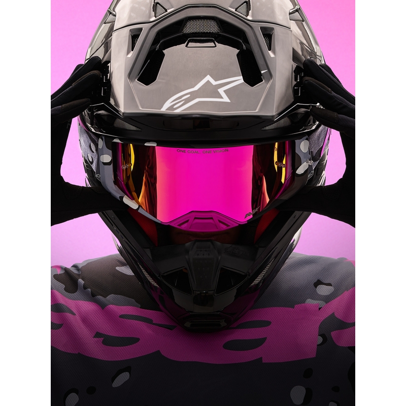 Alpinestars Supertech Lone Motocross-Brille in lila Camouflage mit verspiegeltem rosa Plexiglas