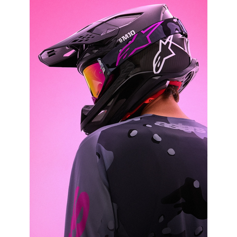 Alpinestars Supertech Lone Motocross-Brille in lila Camouflage mit verspiegeltem rosa Plexiglas