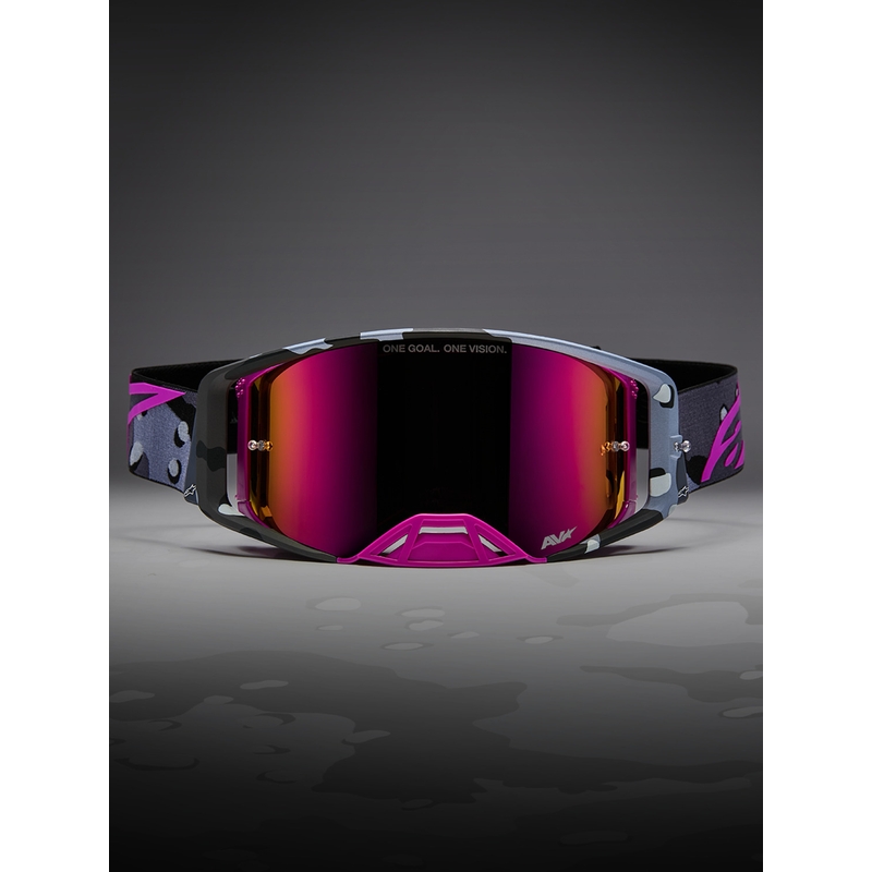 Alpinestars Supertech Lone Motocross-Brille in lila Camouflage mit verspiegeltem rosa Plexiglas