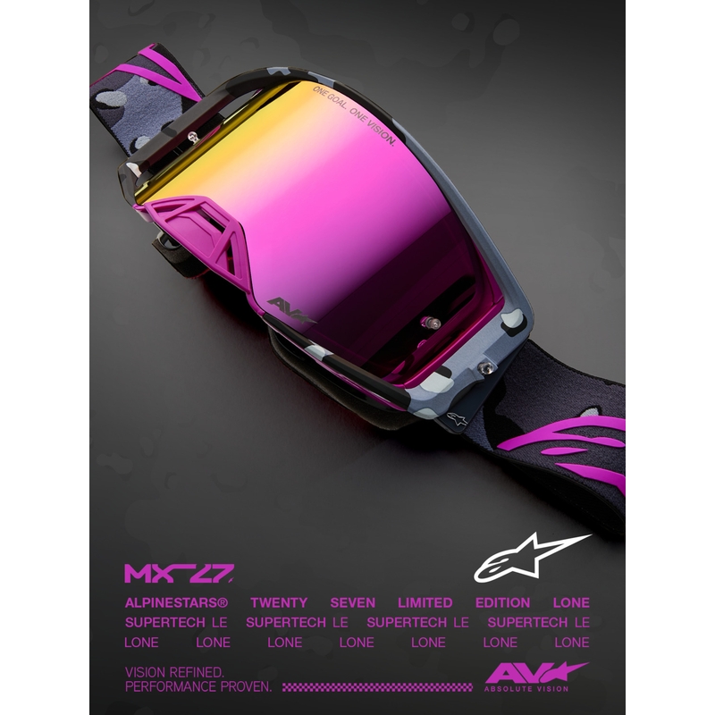 Alpinestars Supertech Lone Motocross-Brille in lila Camouflage mit verspiegeltem rosa Plexiglas