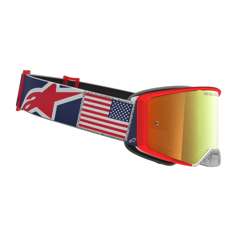 Alpinestars Supertech Fiftyfold Motocross-Brille blau-rot-weiß mit verspiegeltem rotem Plexiglas
