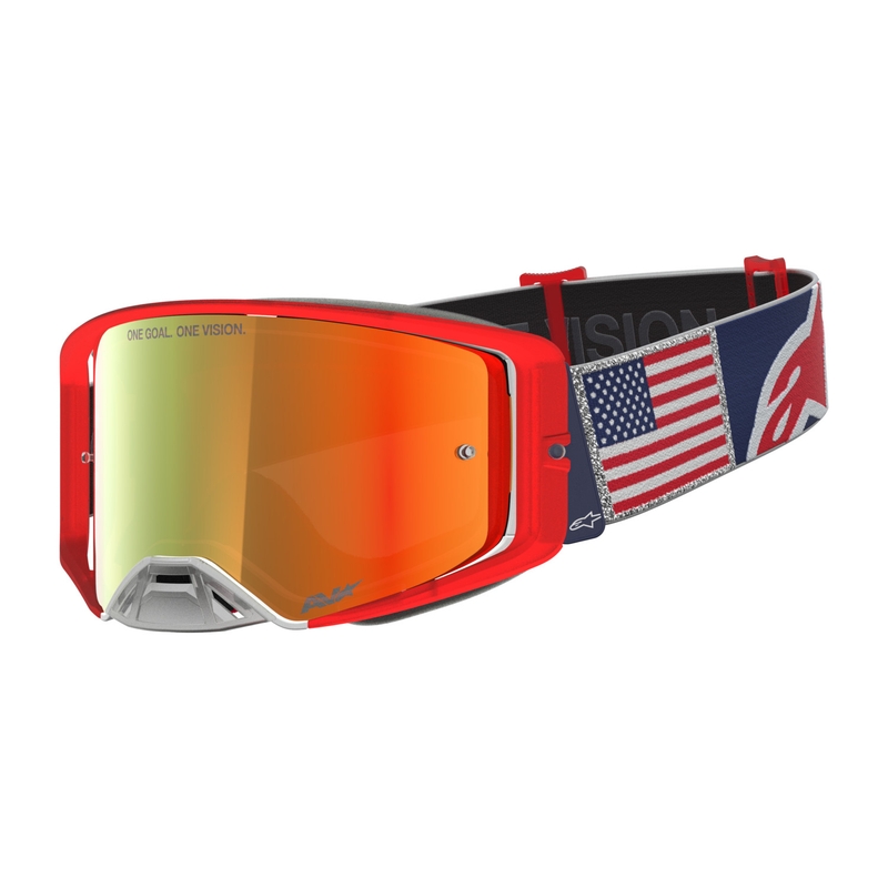Alpinestars Supertech Fiftyfold Motocross-Brille blau-rot-weiß mit verspiegeltem rotem Plexiglas