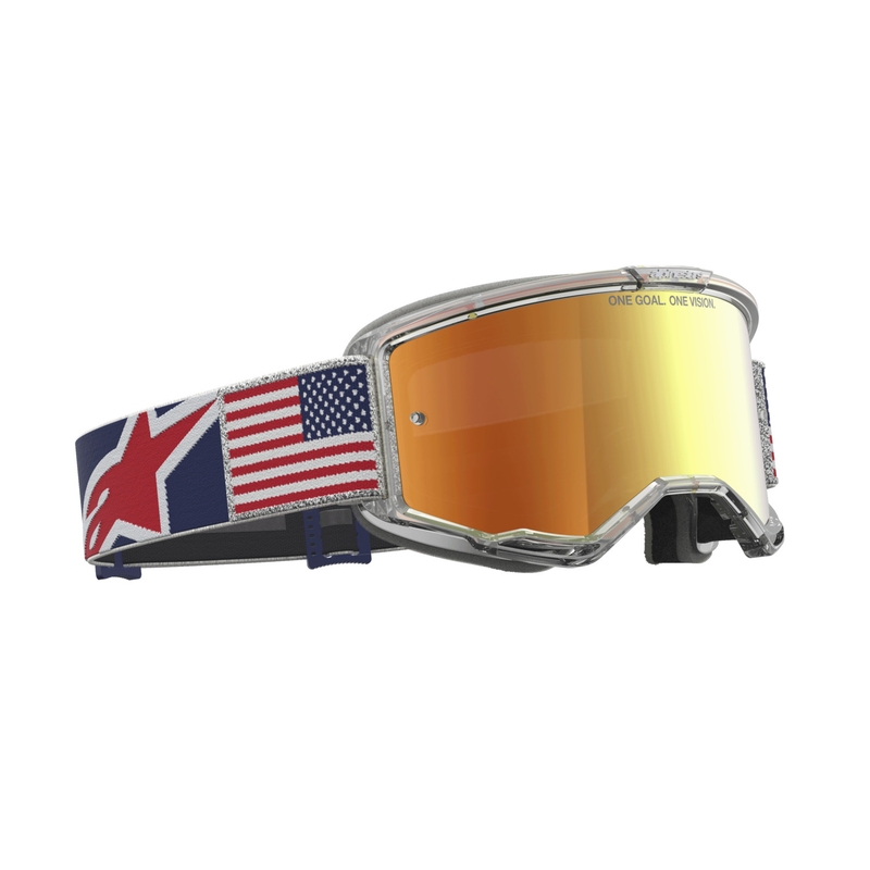Alpinestars Vision 5 Fiftyfold Motocross-Brille in Blau-Rot-Weiß mit verspiegelten roten Gläsern