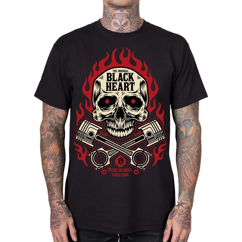 Schwarzes Herz-Flammen-Totenkopf-T-Shirt