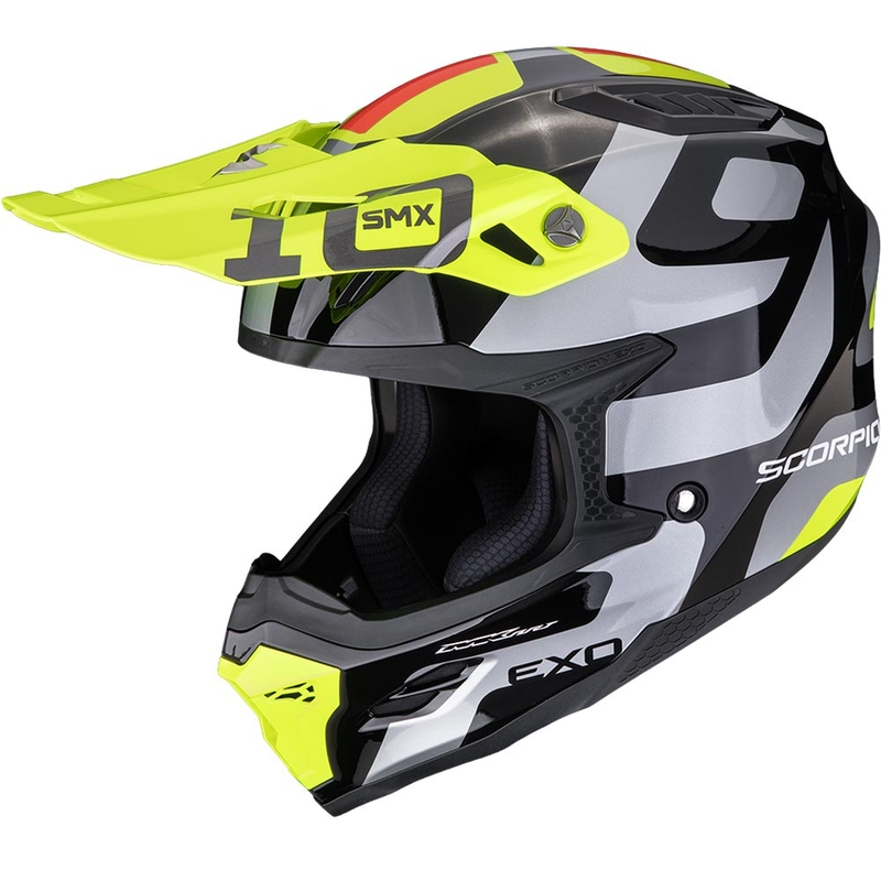 Scorpion SMX-10 Leap Motocross-Helm, schwarz-silber-fluoreszierend gelb
