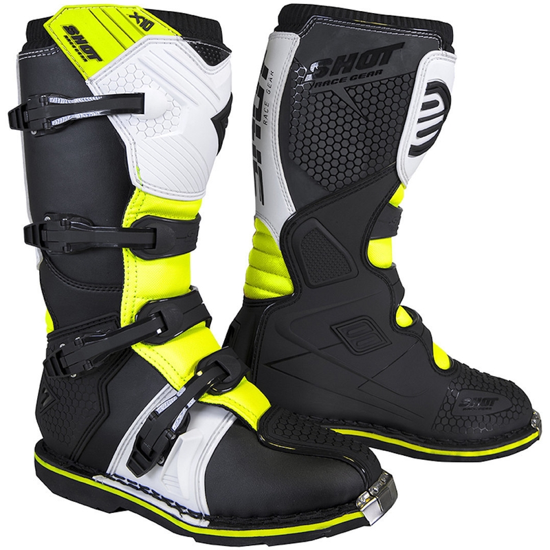 Kinder-Motorradstiefel Shot K10 2.0 Schwarz-Weiß-Fluo Gelb Ausverkauf